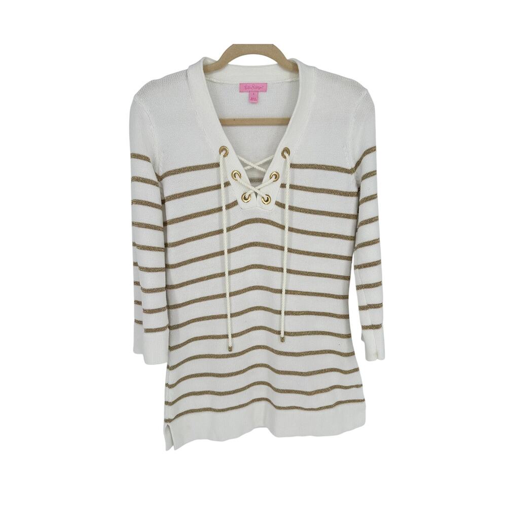 Lilly Pulitzer Sweater Womens S White Gold Metallic Stripe Tie Front V-Neck